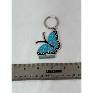 Costa Rica Blue Glitter Butterfly Keychain Silver Tone Metal Travel Souvenir